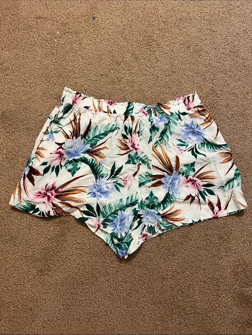 Women’s Flowy Thin Floral Tropical Print Shorts - White with Green & Pink